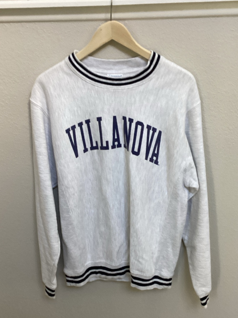 Champion White Crewneck Sweatshirt with Navy Villanova Lettering